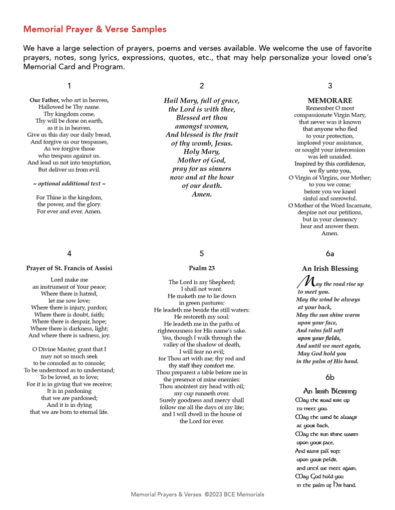 BCE Memorials Prayer Samples