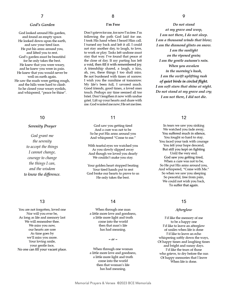 BCE Memorials Prayer Samples