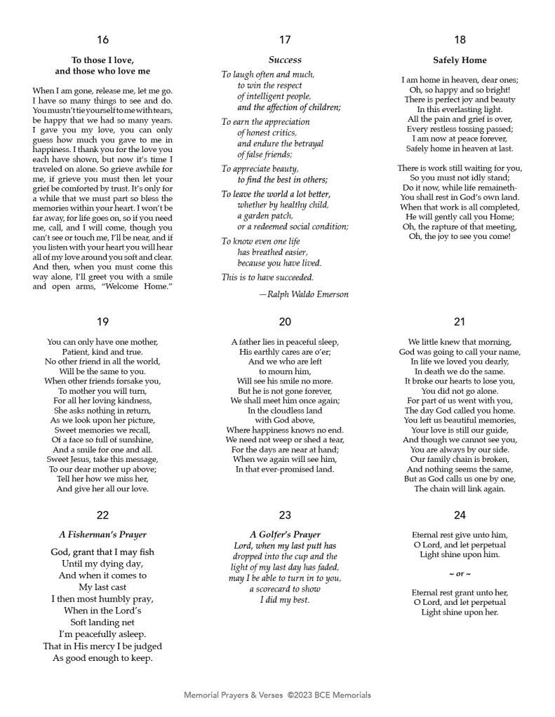 BCE Memorials Prayer Samples