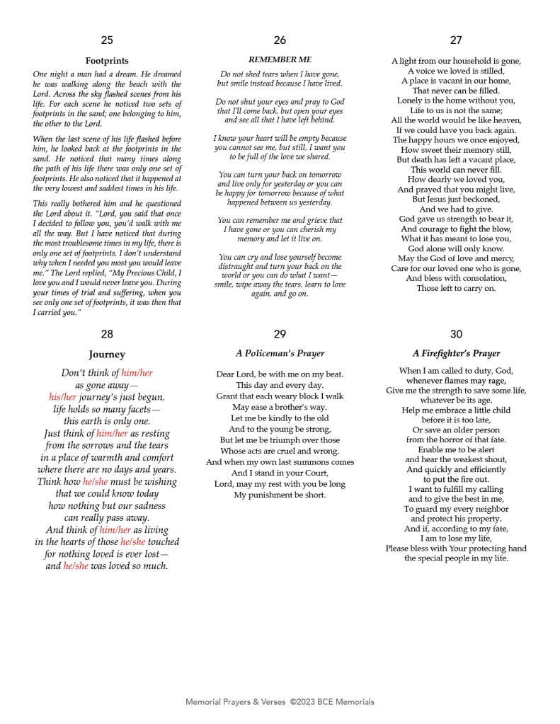 BCE Memorials Prayer Samples