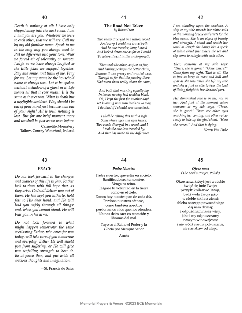 BCE Memorials Prayer Samples